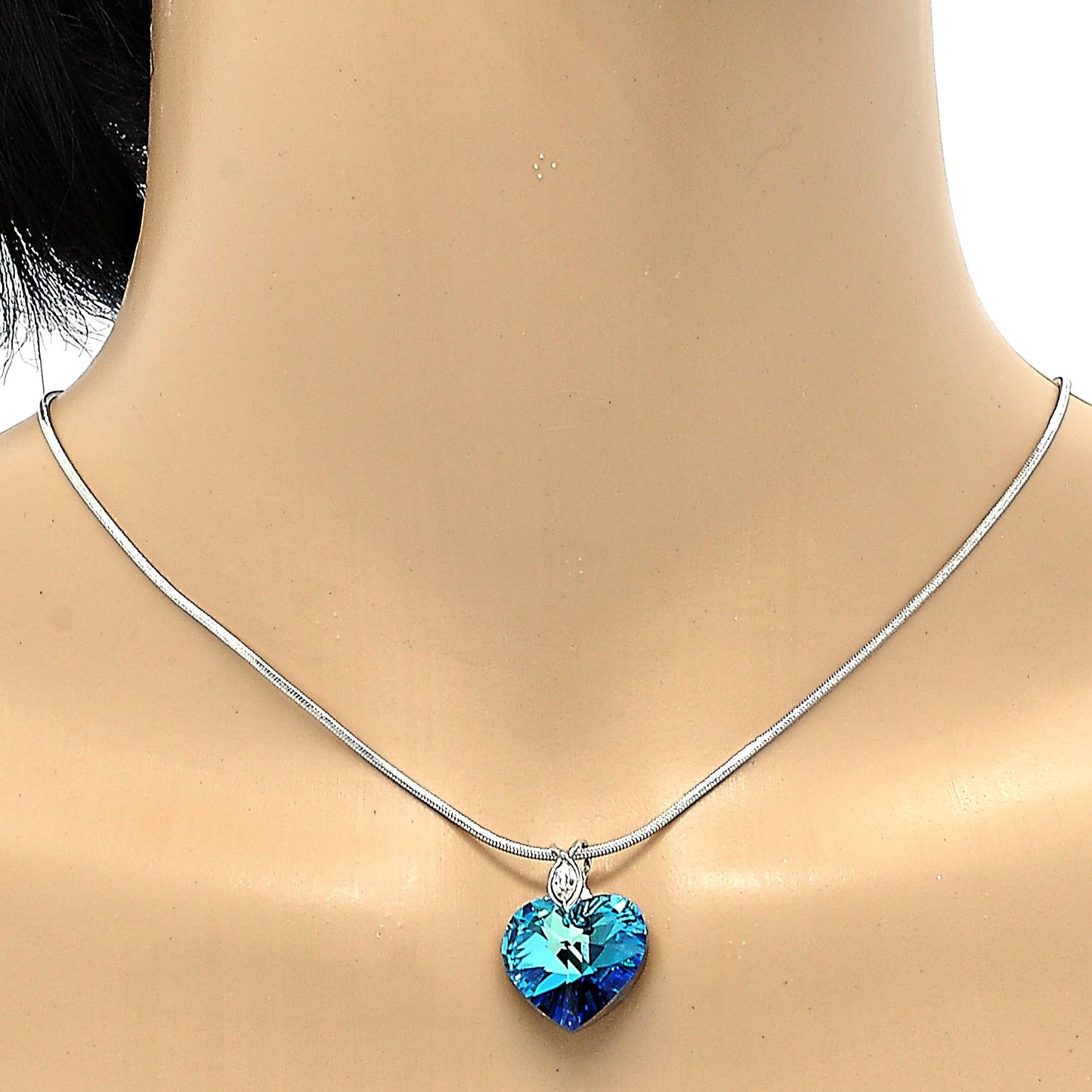 Rhodium Plated Pendant Necklace, Heart and Rat Tail Design, with Bermuda Blue Swarovski Crystals and White Crystal, Polished, Rhodium Finish