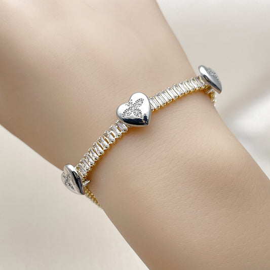 Oro Laminado Tennis Bracelet, Gold Filled Style Heart and Baguette Design, with White Cubic Zirconia and White Micro Pave, Polished, Two Tone