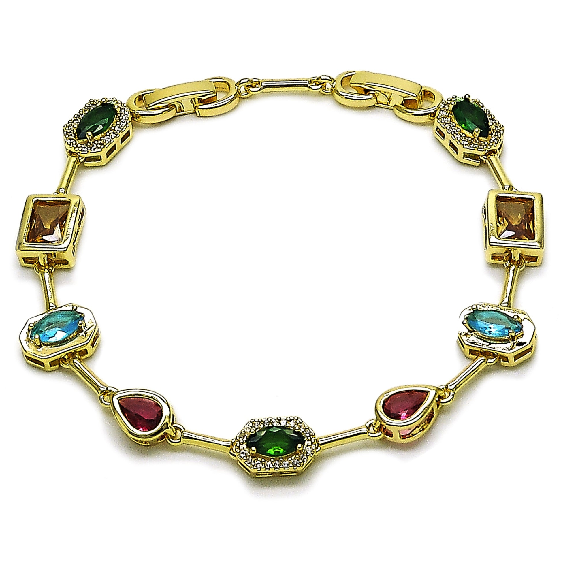 Gold Plated Gold Filled Oro Laminado Oro Laminado Tennis Bracelet, Gold Filled Style Teardrop and Cluster Design, with Multicolor and White Cubic Zirconia, Polished, Golden 