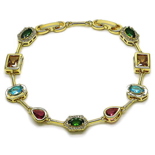Gold Plated Gold Filled Oro Laminado Oro Laminado Tennis Bracelet, Gold Filled Style Teardrop and Cluster Design, with Multicolor and White Cubic Zirconia, Polished, Golden 
