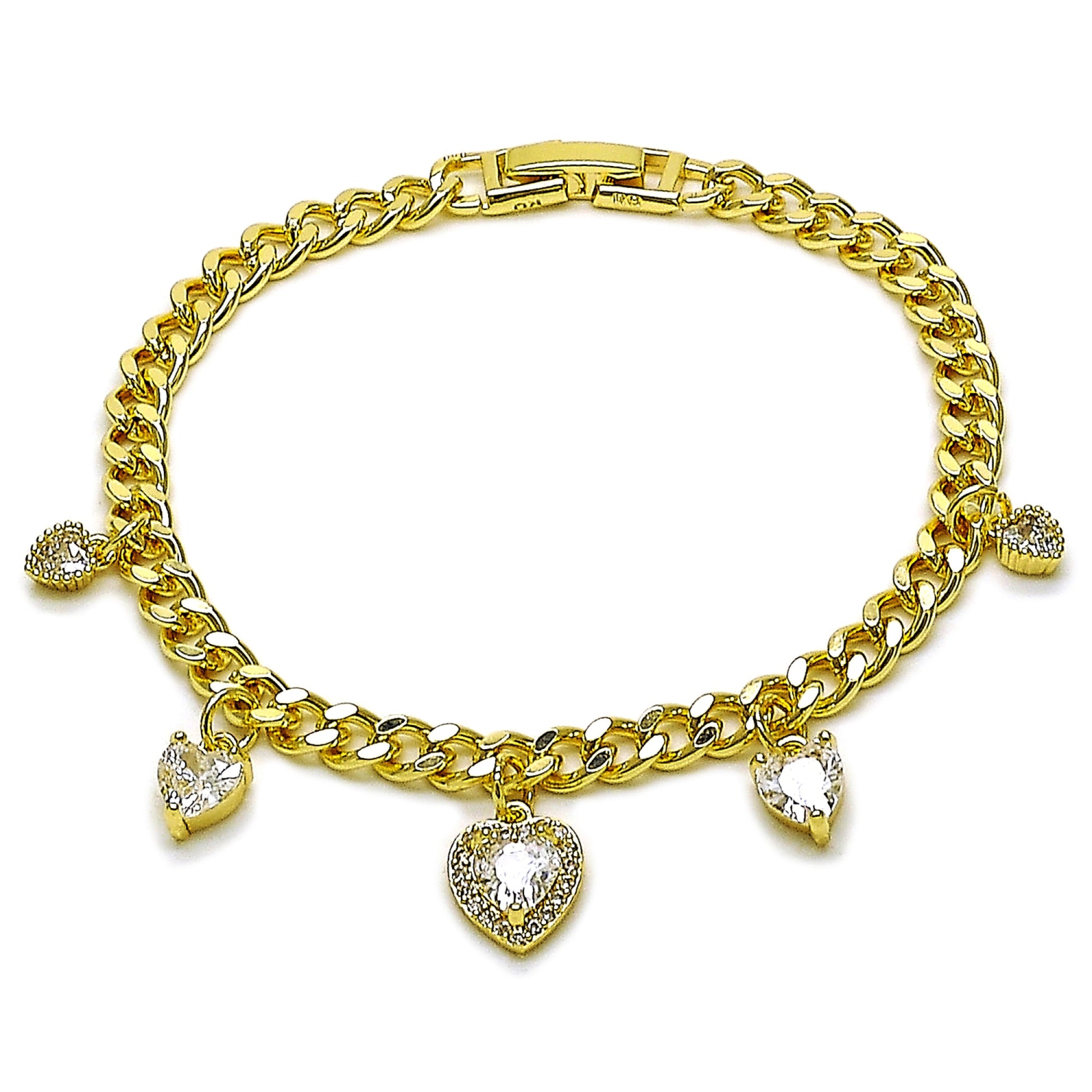 Gold Plated Gold Filled Oro Laminado Oro Laminado Charm Bracelet, Gold Filled Style Heart and Miami Cuban Design, with White Cubic Zirconia and White Micro Pave, Polished, Golden 