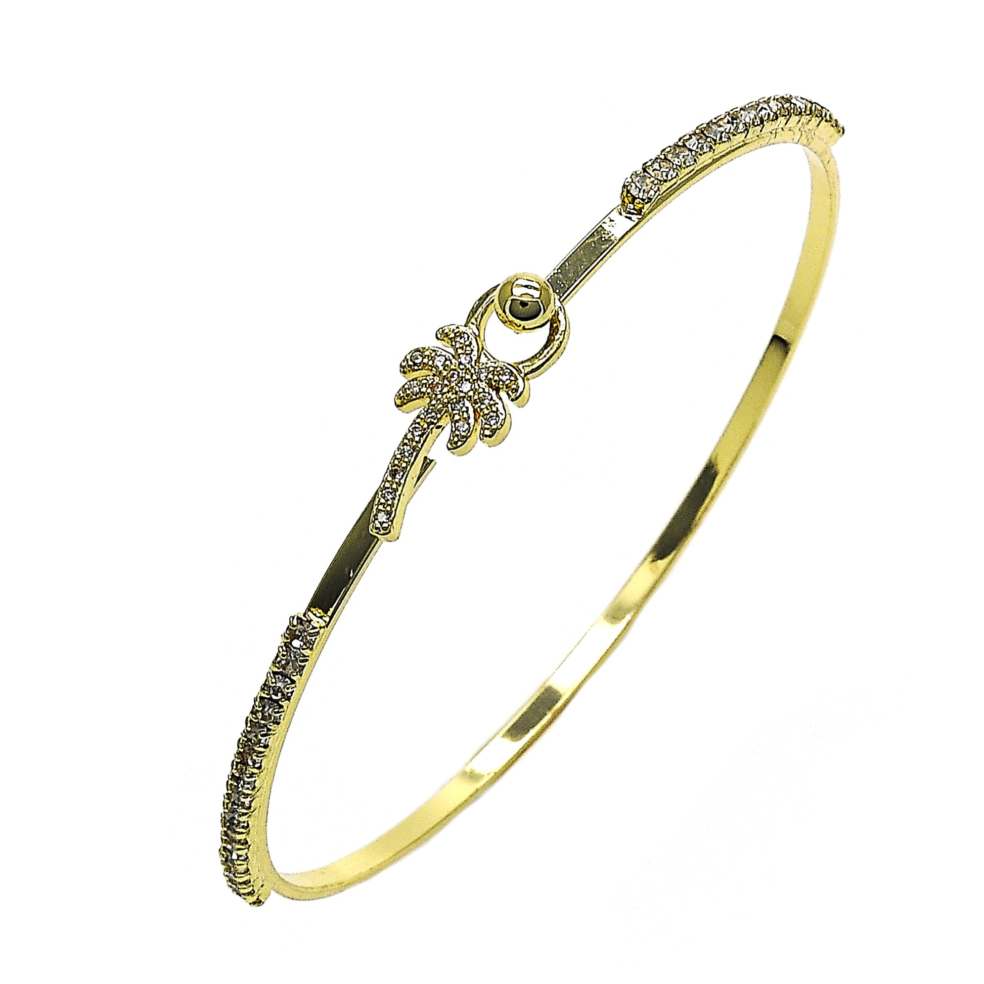 Oro Laminado Individual Bangle, Gold Filled Style Palm Tree Design, with White Micro Pave and White Crystal, Polished, Golden Finish