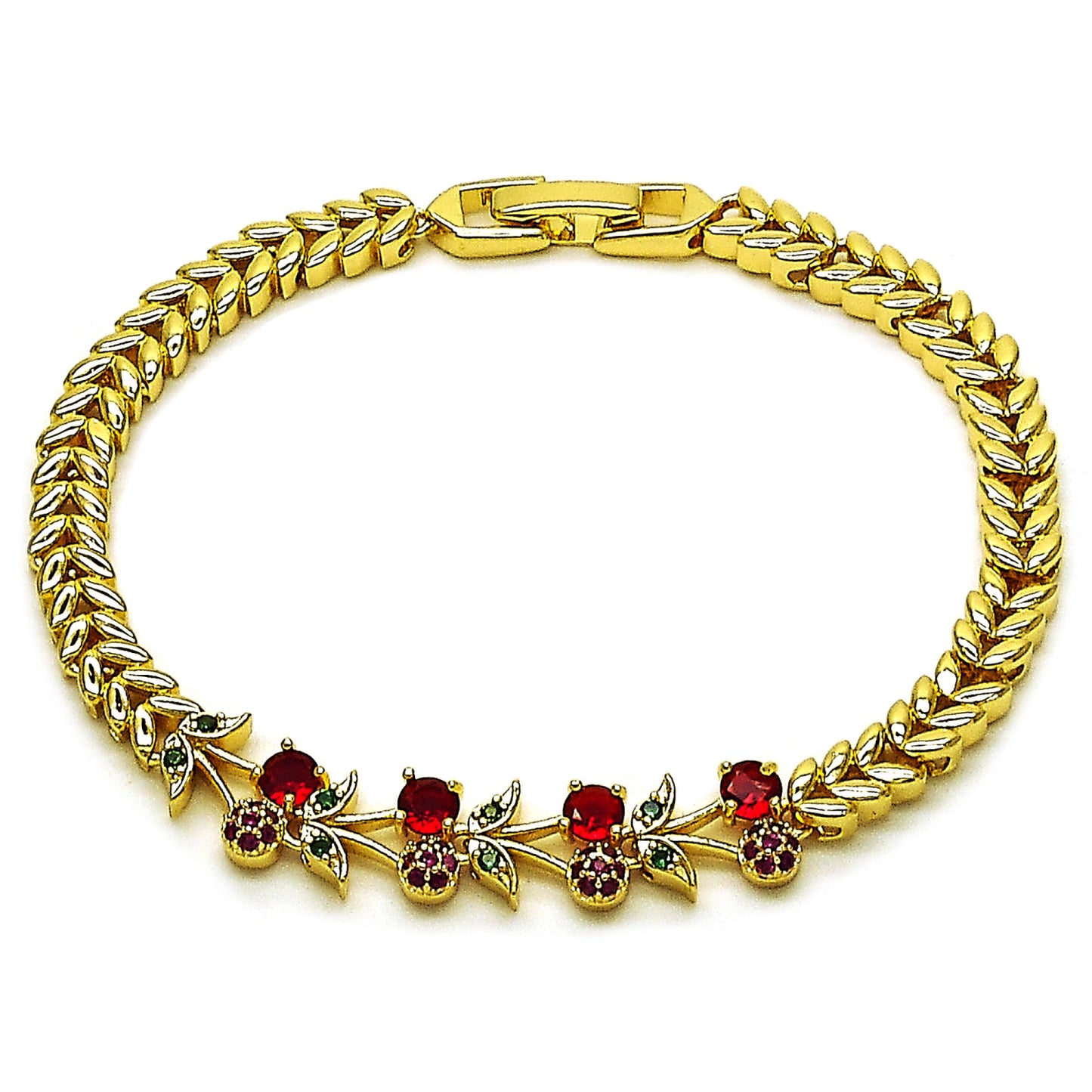 Gold Plated Gold Filled Oro Laminado Oro Laminado Fancy Bracelet, Gold Filled Style Cherry Design, with Ruby and Green Cubic Zirconia, Polished, Golden 