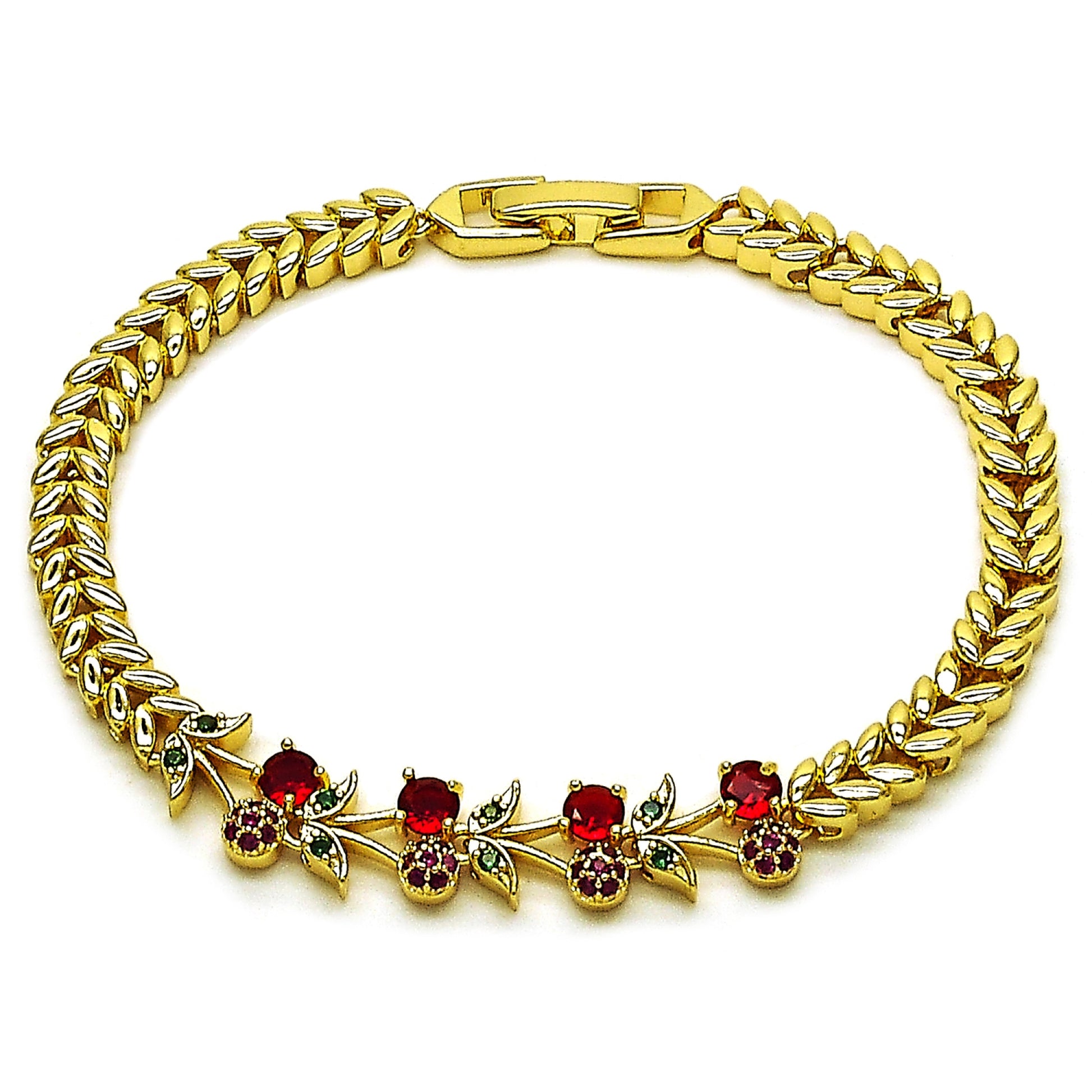 Gold Plated Gold Filled Oro Laminado Oro Laminado Fancy Bracelet, Gold Filled Style Cherry Design, with Ruby and Green Cubic Zirconia, Polished, Golden 