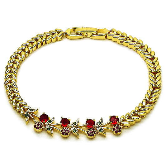 Gold Plated Gold Filled Oro Laminado Oro Laminado Fancy Bracelet, Gold Filled Style Cherry Design, with Ruby and Green Cubic Zirconia, Polished, Golden 