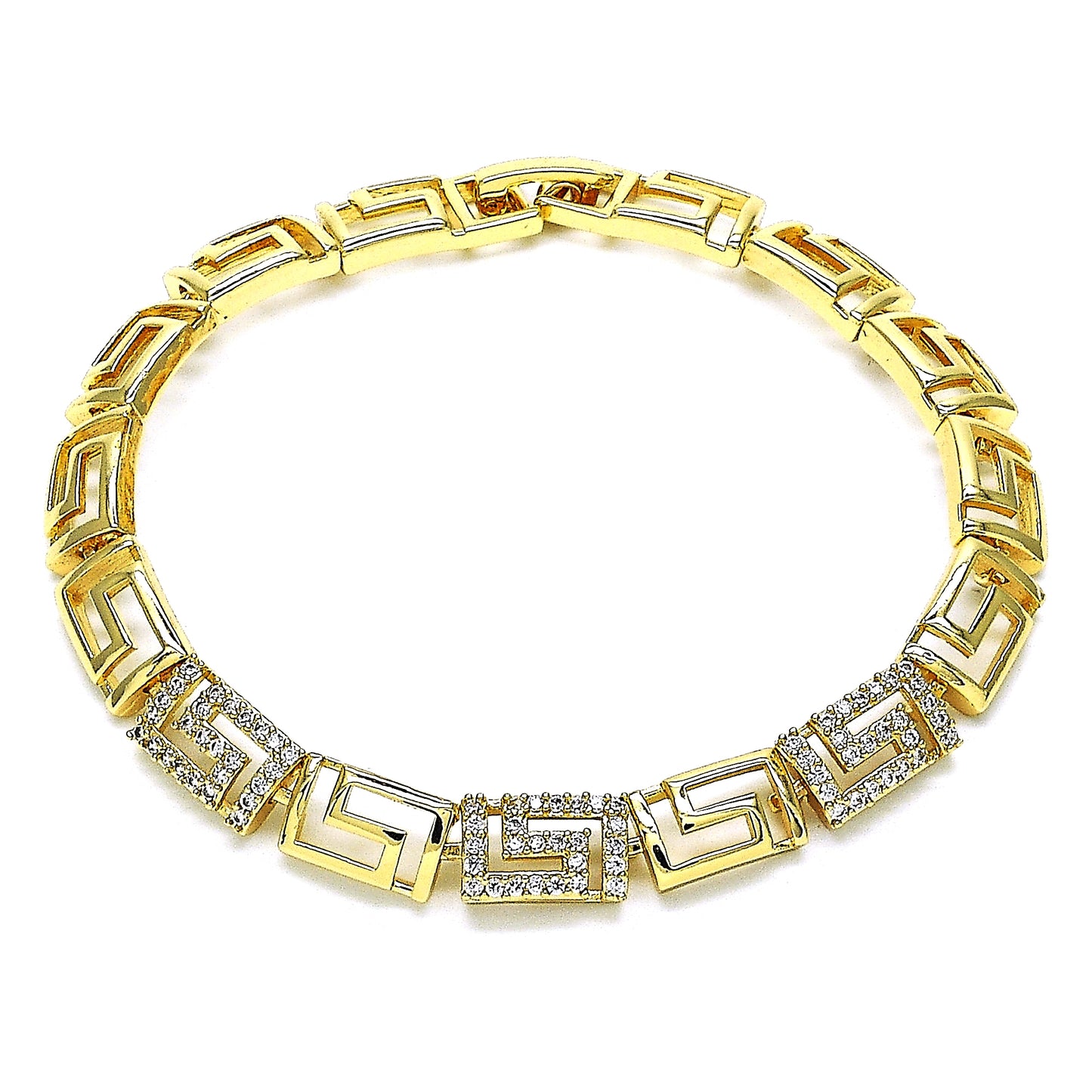 Oro Laminado Fancy Bracelet, Gold Filled Style Greek Key Design, with White Micro Pave, Polished, Golden Finish
