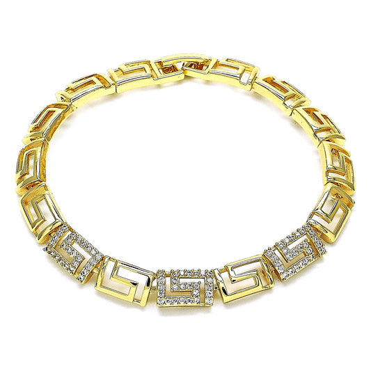Oro Laminado Fancy Bracelet, Gold Filled Style Greek Key Design, with White Micro Pave, Polished, Golden Finish