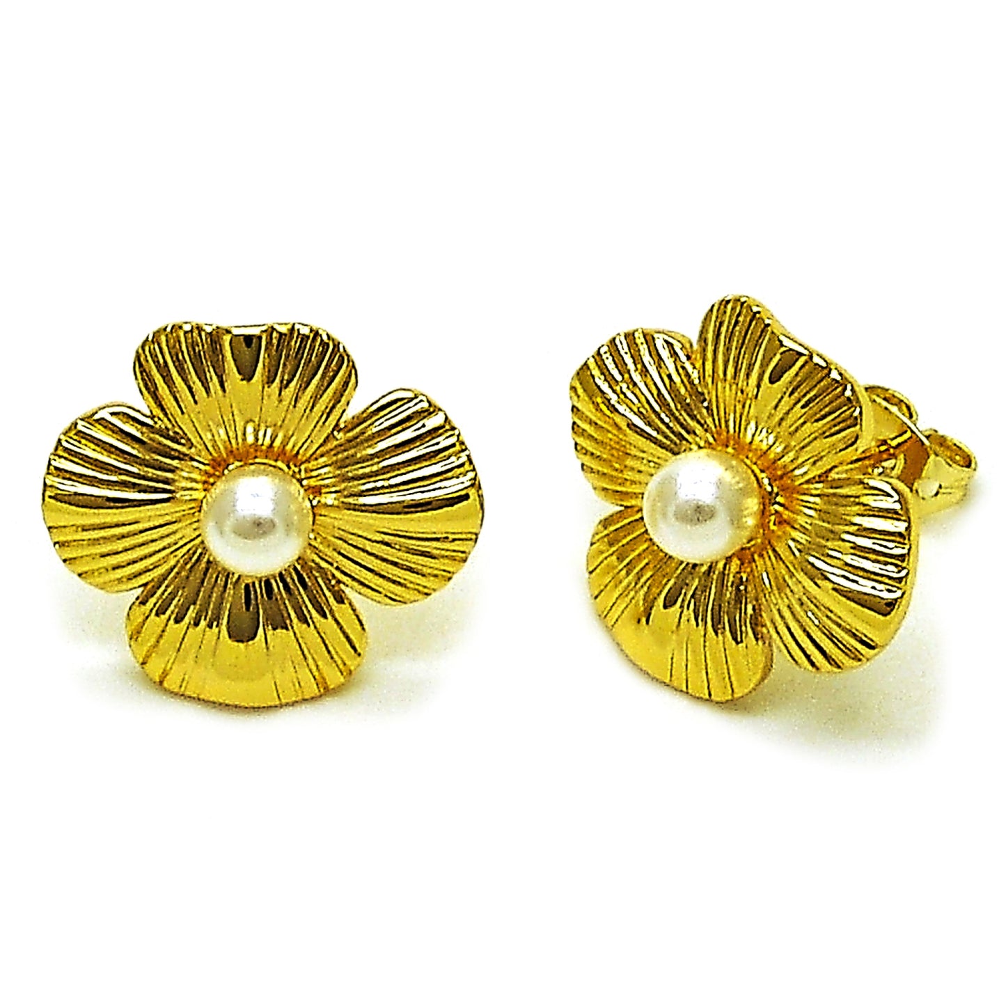 Oro Laminado Stud Earring, Gold Filled Style Flower and Ball Design, with Ivory Pearl, Diamond Cutting Finish