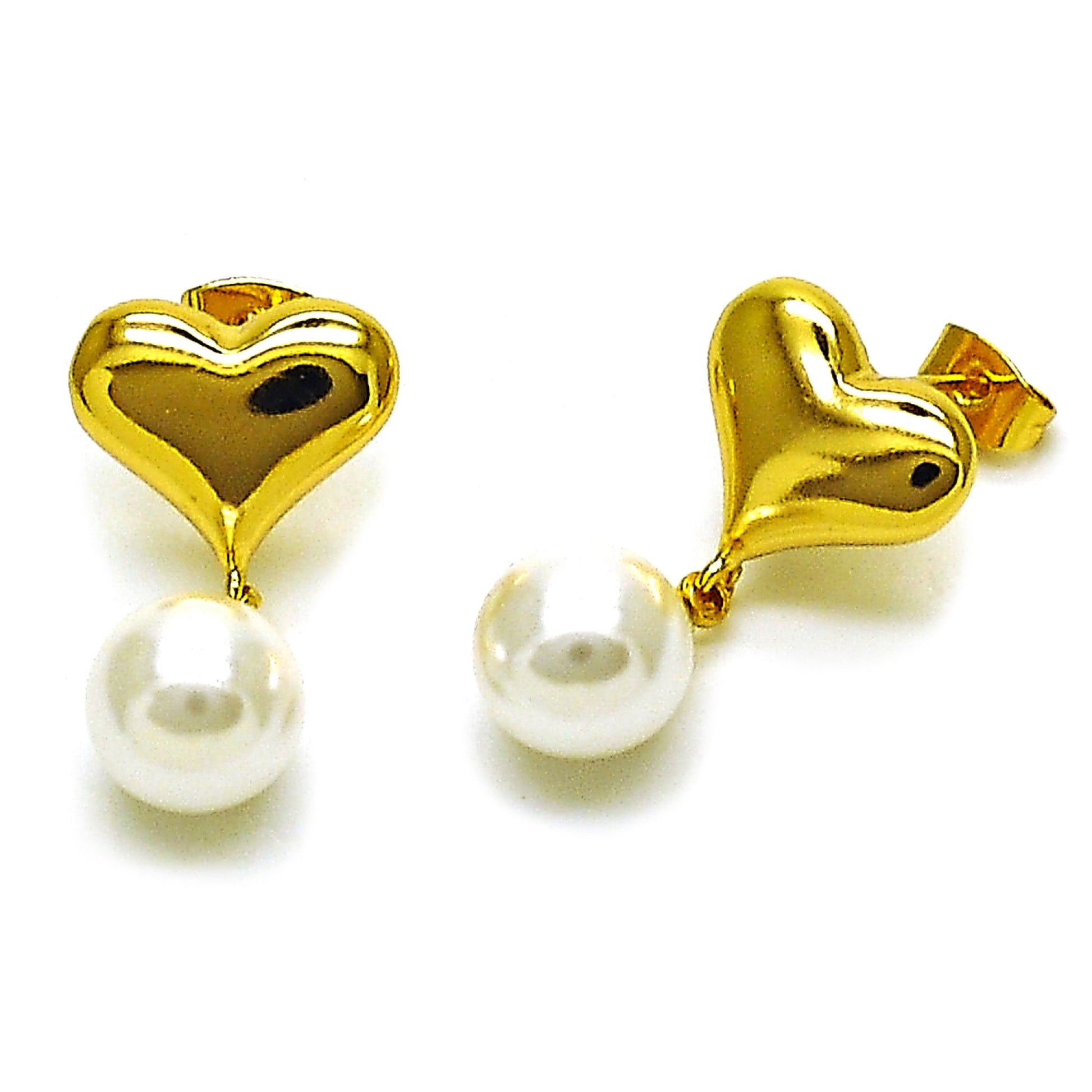 Gold Plated Gold Filled Oro Laminado Oro Laminado Dangle Earring, Gold Filled Style Heart and Ball Design, with Ivory Pearl, Polished, Golden 