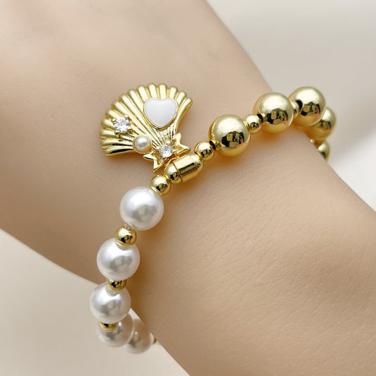 Oro Laminado Fancy Bracelet, Gold Filled Style Expandable Bead and Shell Design, with Ivory Pearl and White Cubic Zirconia, White Enamel