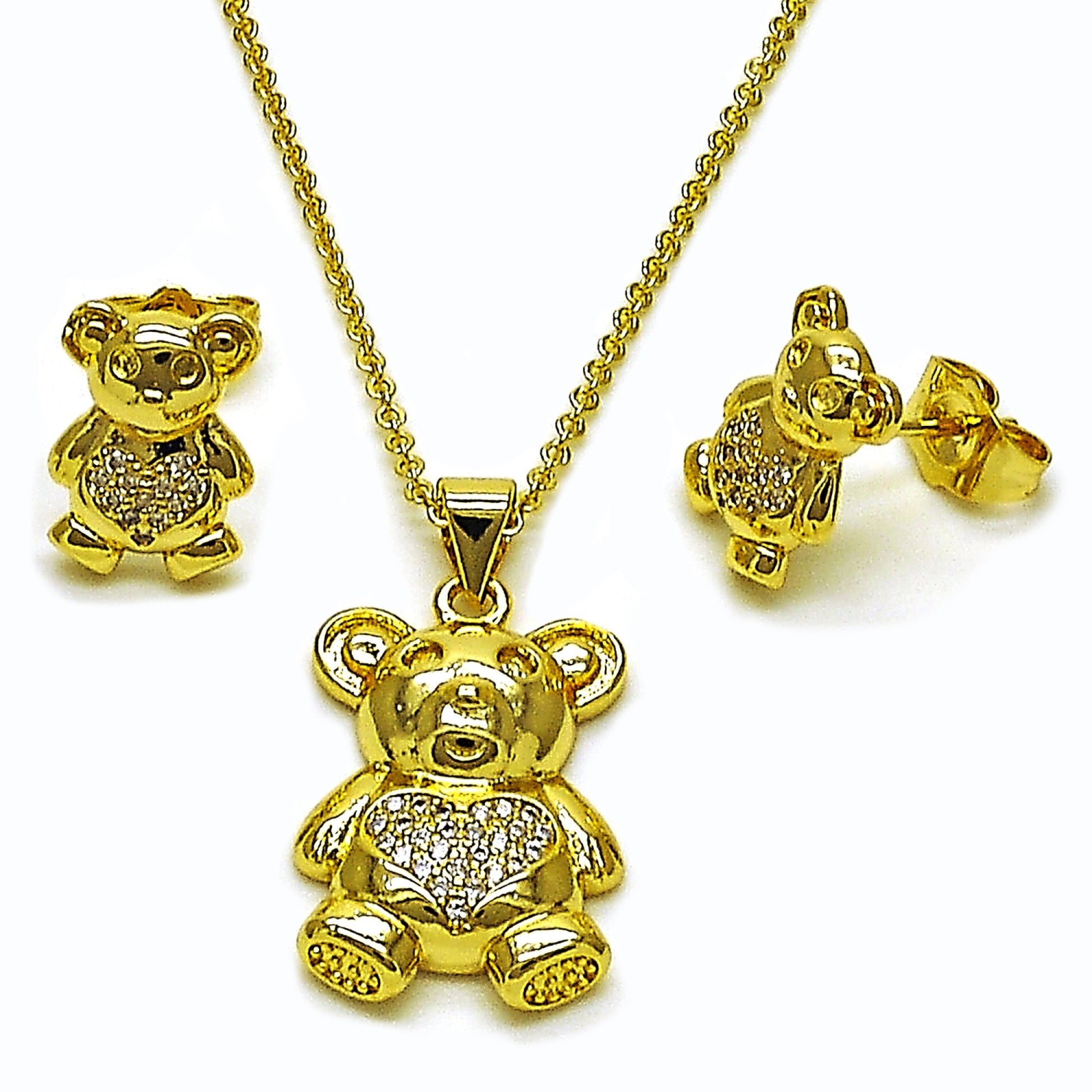 Gold Plated Gold Filled Oro Laminado Oro Laminado Earring and Pendant Adult Set, Gold Filled Style Teddy Bear and Heart Design, with White Micro Pave, Polished, Golden 