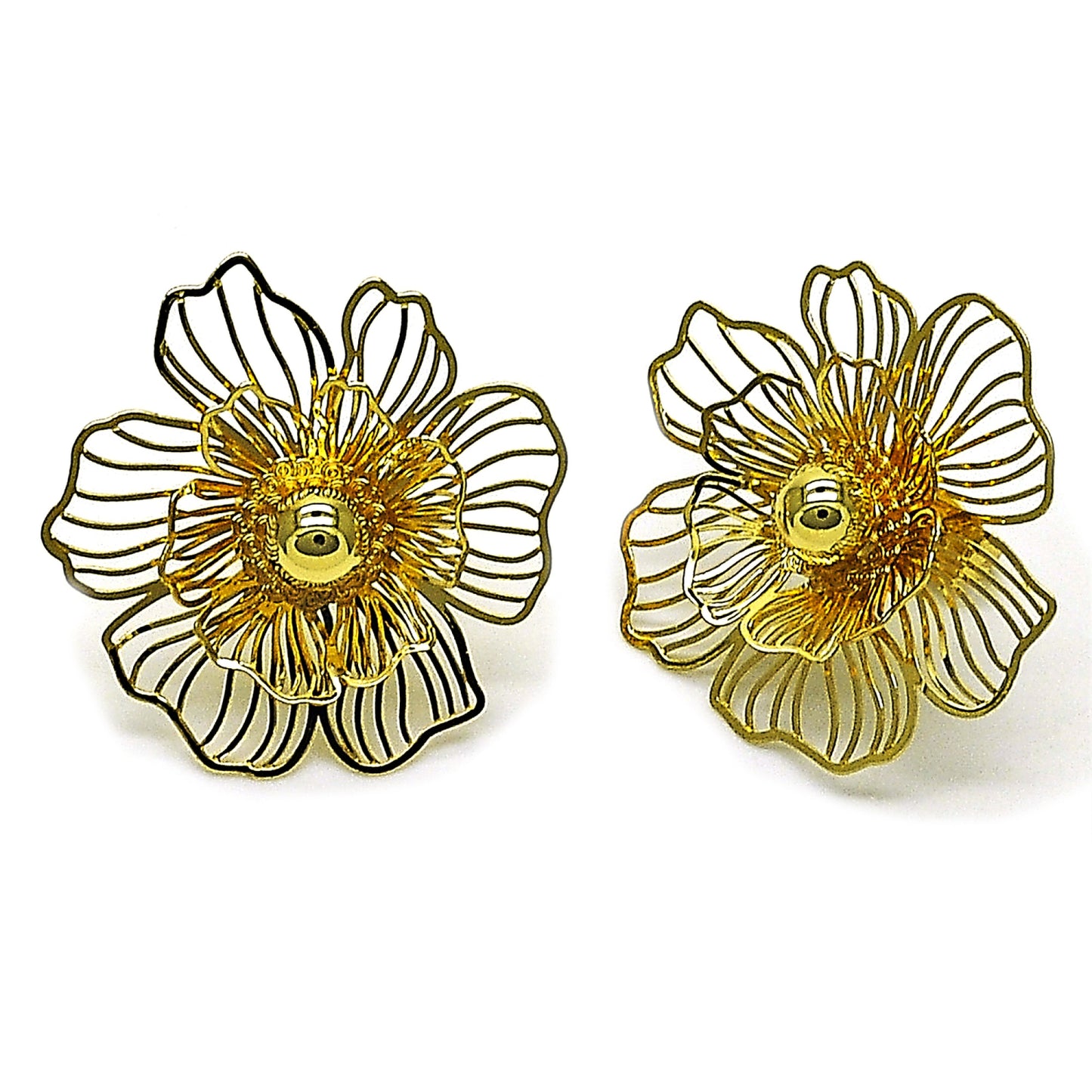 Oro Laminado Stud Earring, Gold Filled Style Flower and Ball Design, Polished, Golden Finish