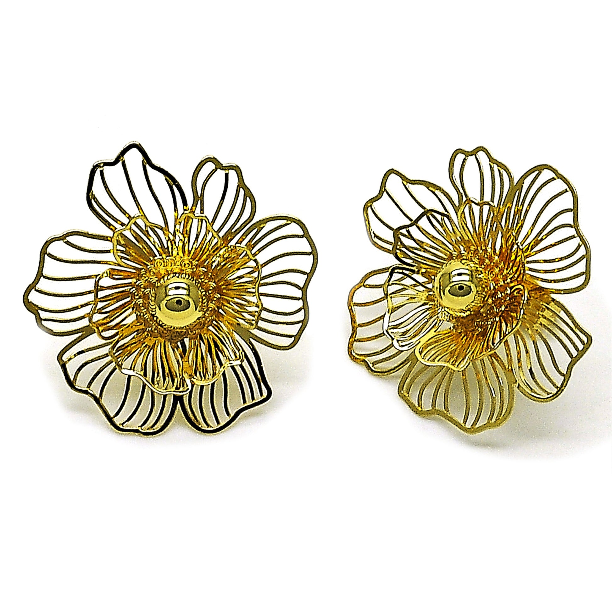 Oro Laminado Stud Earring, Gold Filled Style Flower and Ball Design, Polished, Golden Finish