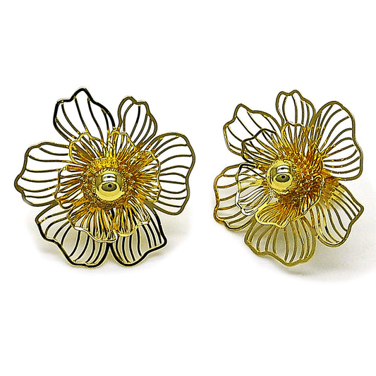 Oro Laminado Stud Earring, Gold Filled Style Flower and Ball Design, Polished, Golden Finish