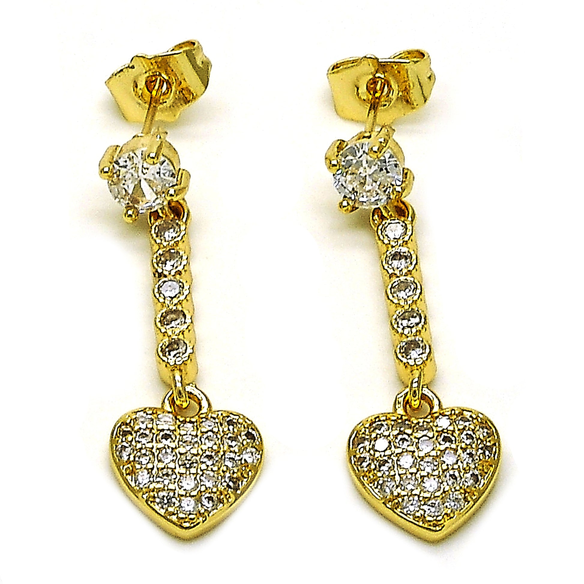 Gold Plated Gold Filled Oro Laminado Oro Laminado Long Earring, Gold Filled Style Heart Design, with White Cubic Zirconia and White Micro Pave, Polished, Golden 