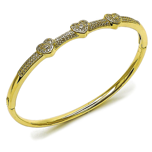 Gold Plated Gold Filled Oro Laminado Oro Laminado Individual Bangle, Gold Filled Style Heart Design, with White Micro Pave and White Cubic Zirconia, Polished, Golden 