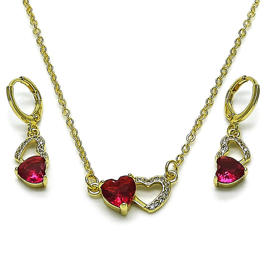 Gold Plated Gold Filled Oro Laminado Oro Laminado Earring and Pendant Adult Set, Gold Filled Style Heart Design, with Ruby Cubic Zirconia and White Micro Pave, Polished, Golden 