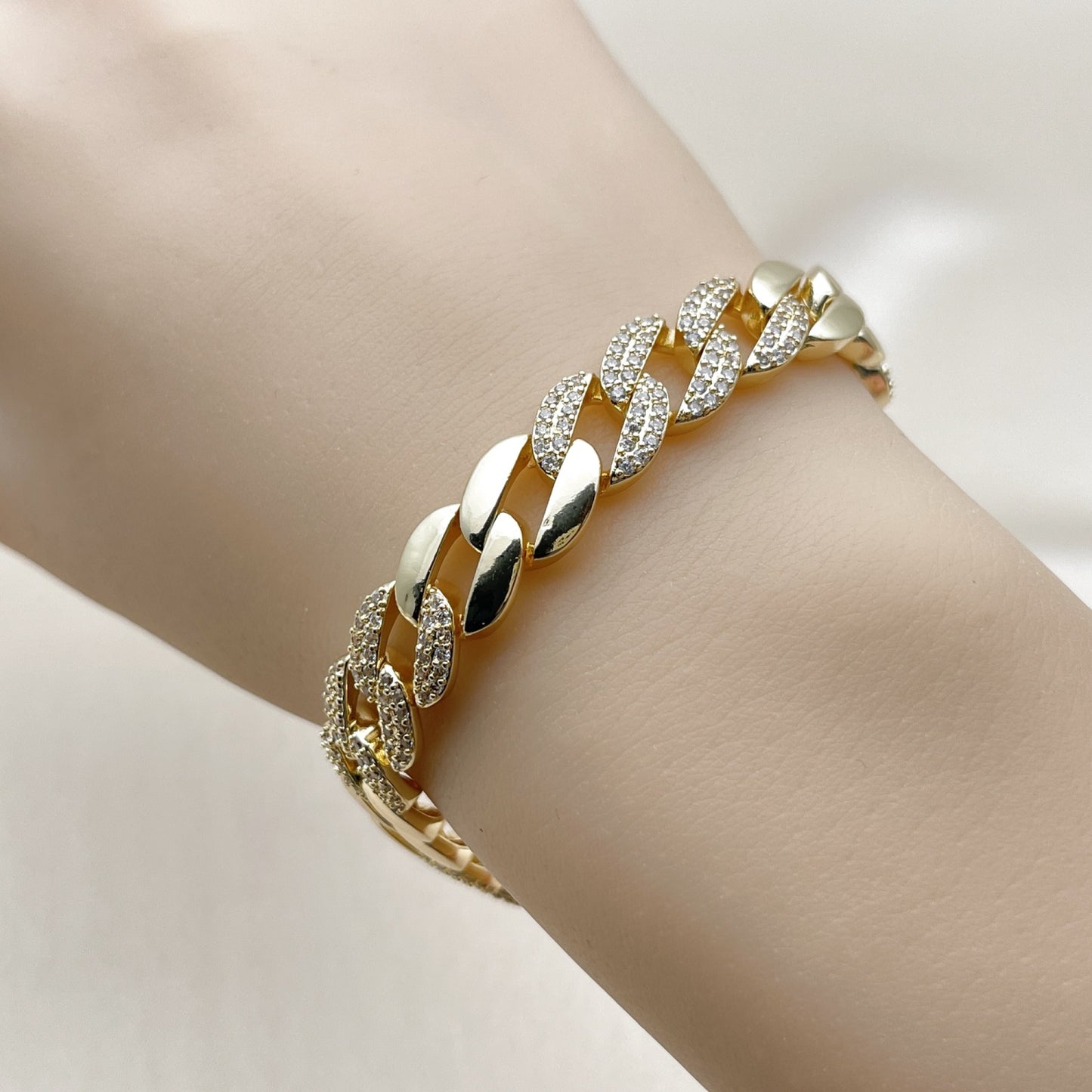 Oro Laminado Fancy Bracelet, Gold Filled Style Miami Cuban Design, with White Cubic Zirconia, Polished, Golden