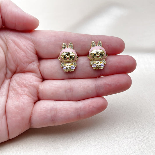 Oro Laminado Stud Earring, Gold Filled Style with White Cubic Zirconia, Pink Enamel Finish