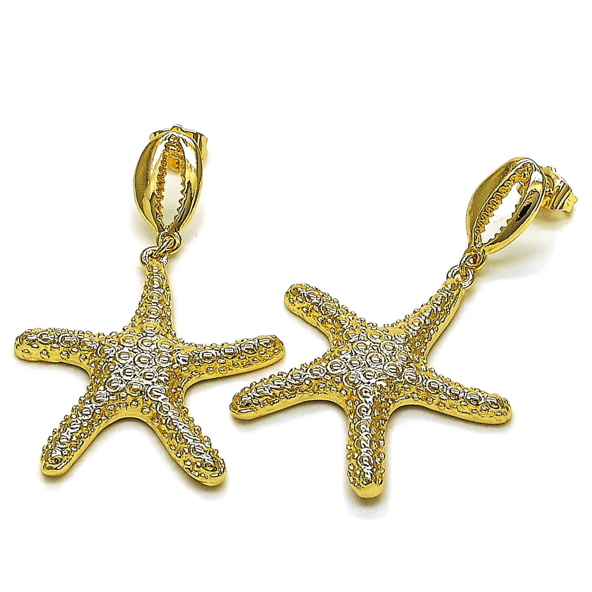 Oro Laminado Dangle Earring, Gold Filled Style Shell and Star Design, Diamond Cutting Finish