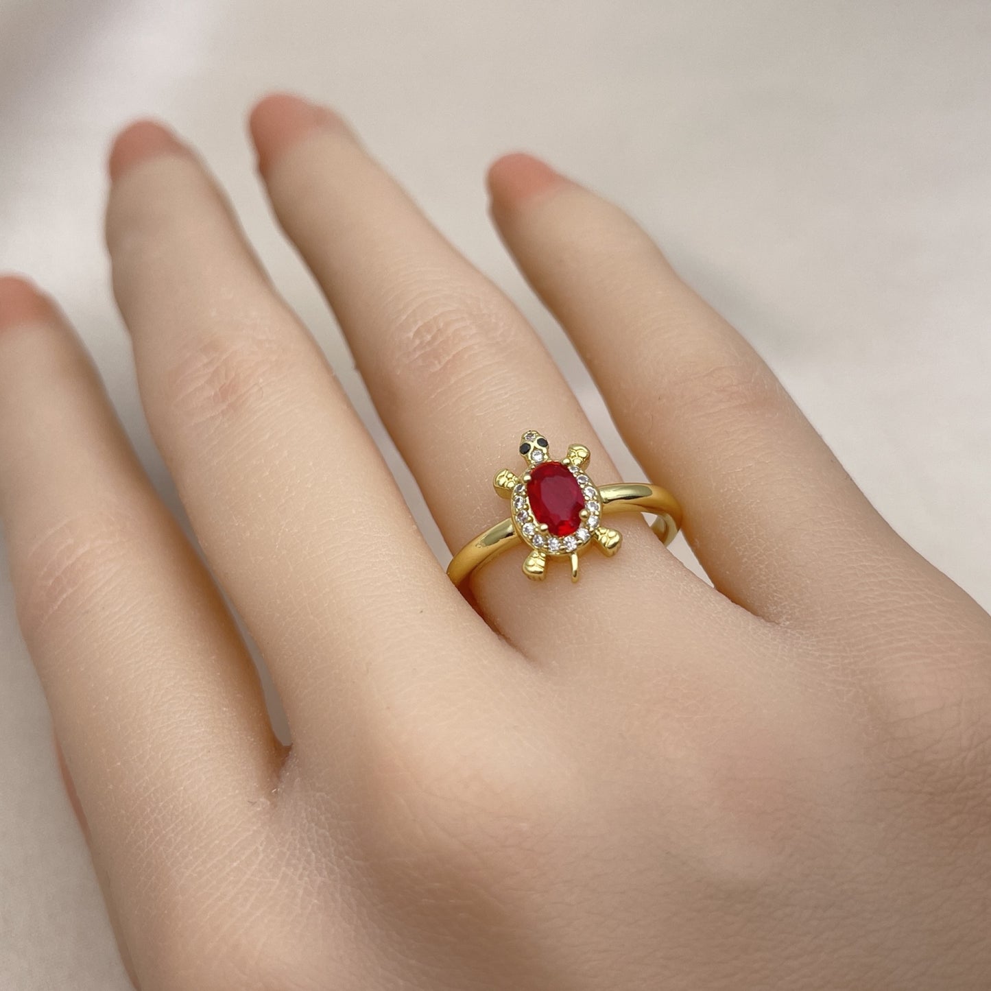 Oro Laminado Multi Stone Ring, Gold Filled Style Turtle Design, with Garnet Cubic Zirconia and White Micro Pave, Polished, Golden Finish