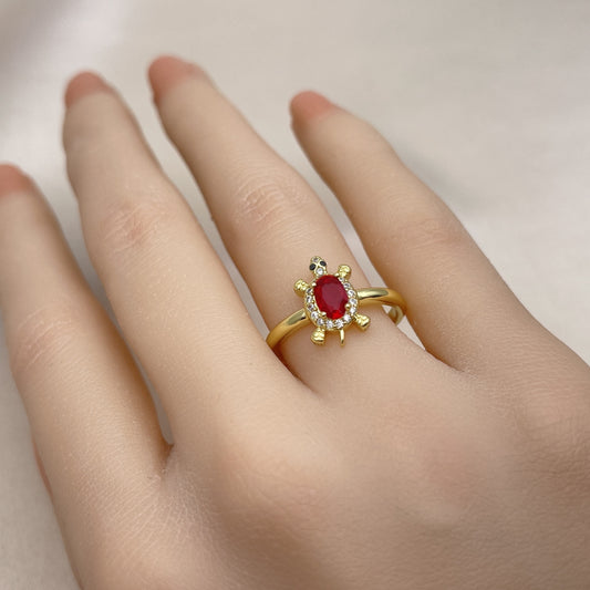 Oro Laminado Multi Stone Ring, Gold Filled Style Turtle Design, with Garnet Cubic Zirconia and White Micro Pave, Polished, Golden Finish