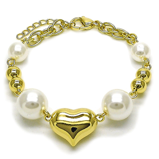 Gold Plated Gold Filled Oro Laminado Oro Laminado Fancy Bracelet, Gold Filled Style Heart and Ball Design, with Ivory Pearl, Polished, Golden 