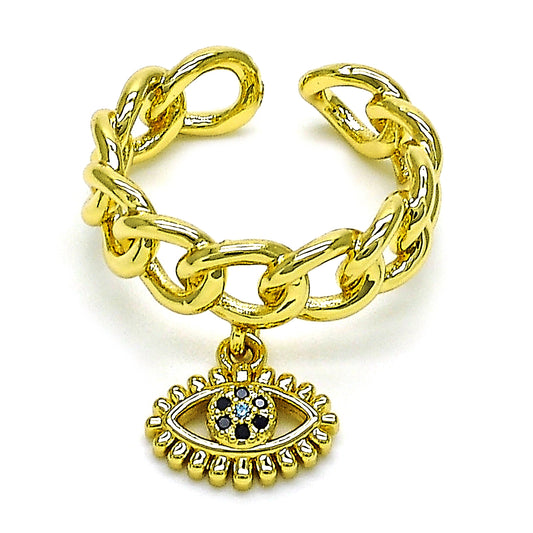 Oro Laminado Multi Stone Ring, Gold Filled Style Evil Eye and Curb Design, with Black and Blue Topaz Micro Pave, Polished, Golden Finish