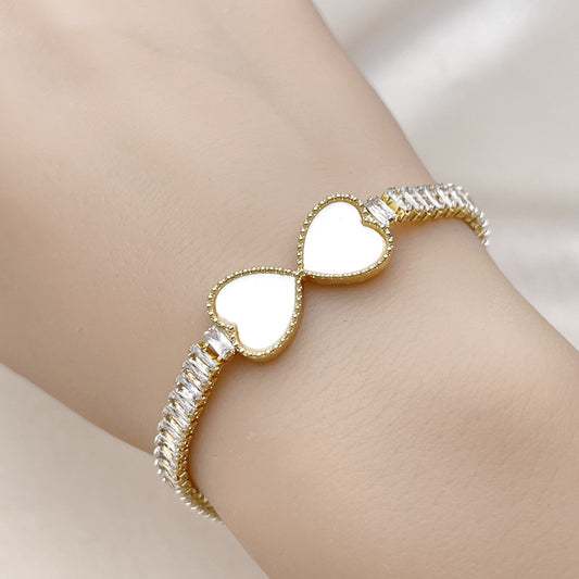 Oro Laminado Fancy Bracelet, Gold Filled Style Heart and Baguette Design, with Ivory Mother of Pearl and White Cubic Zirconia, Polished, Golden