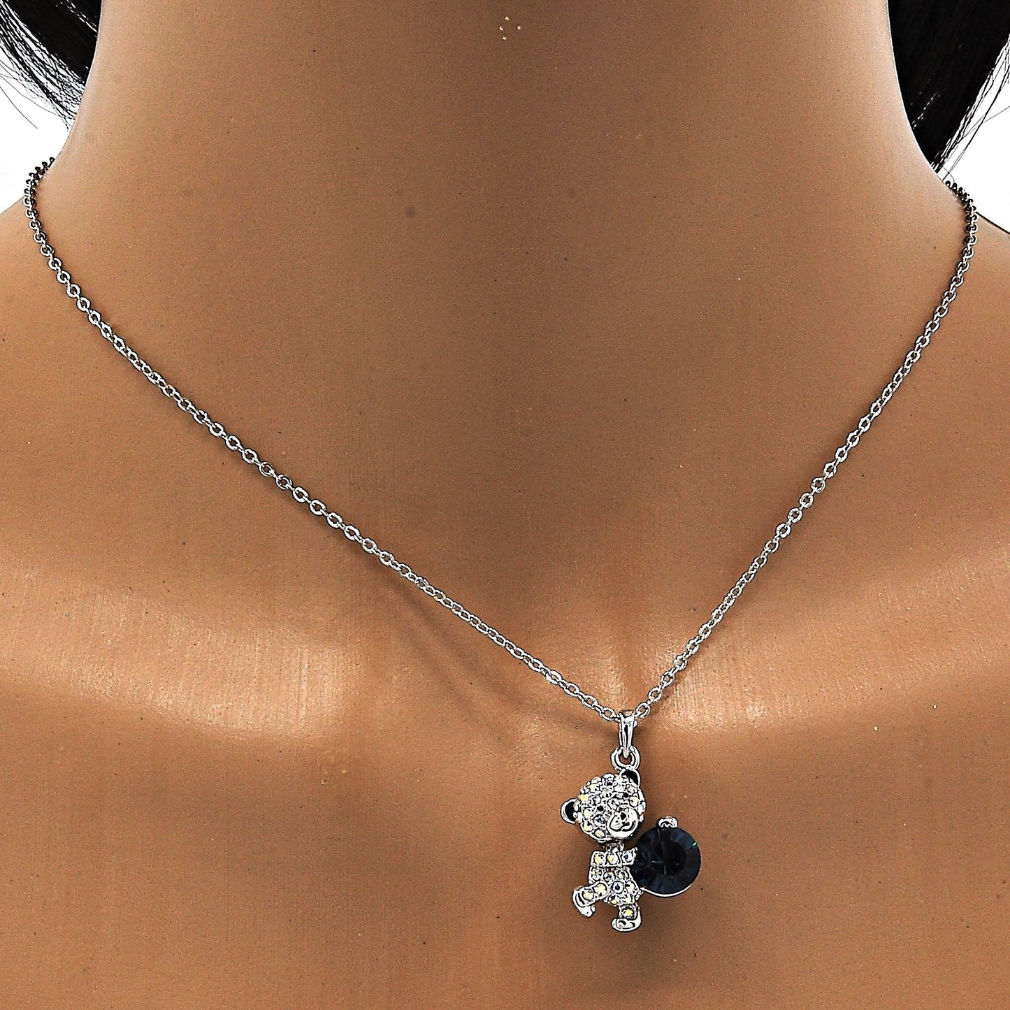 Rhodium Plated Pendant Necklace, Teddy Bear Design, with Montana and Aurore Boreale Swarovski Crystals, Black Enamel Finish