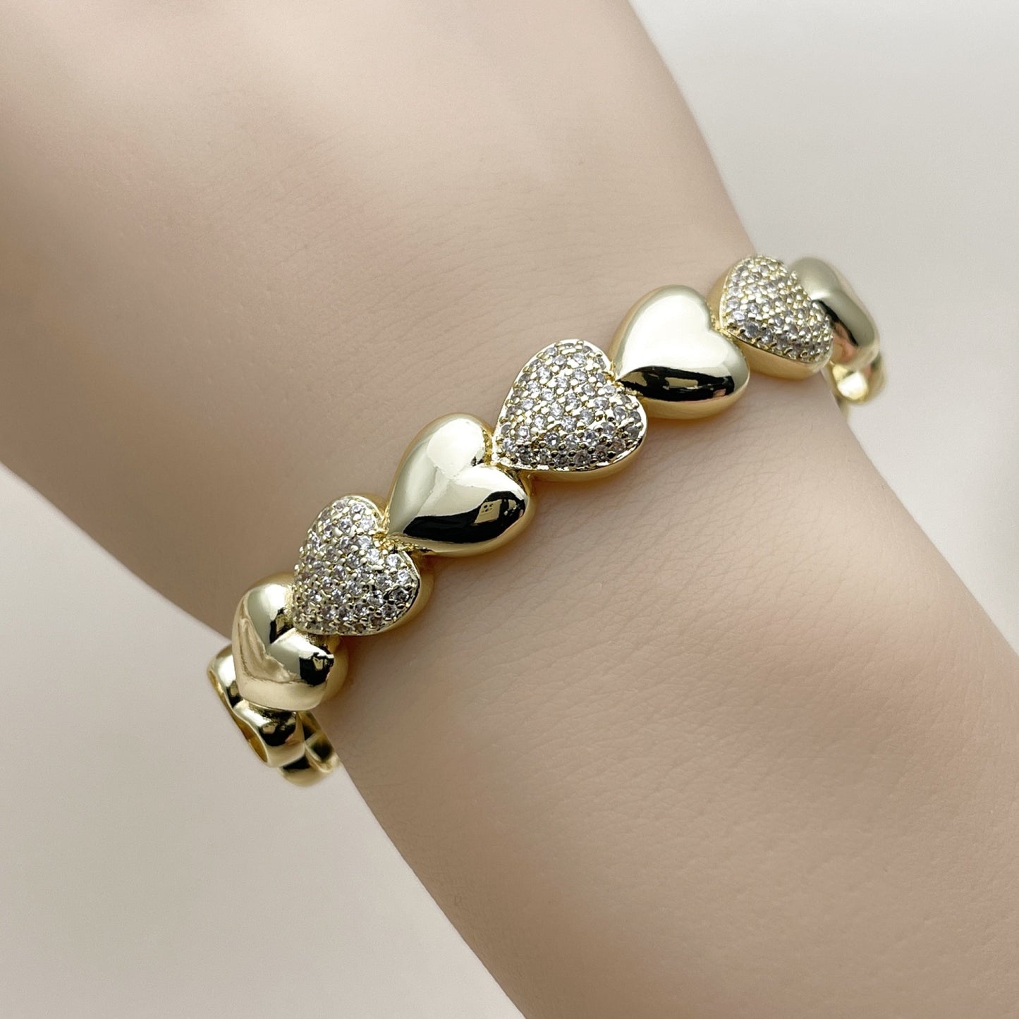 Oro Laminado Individual Bangle, Gold Filled Style Heart Design, with White Micro Pave, Polished, Tricolor,