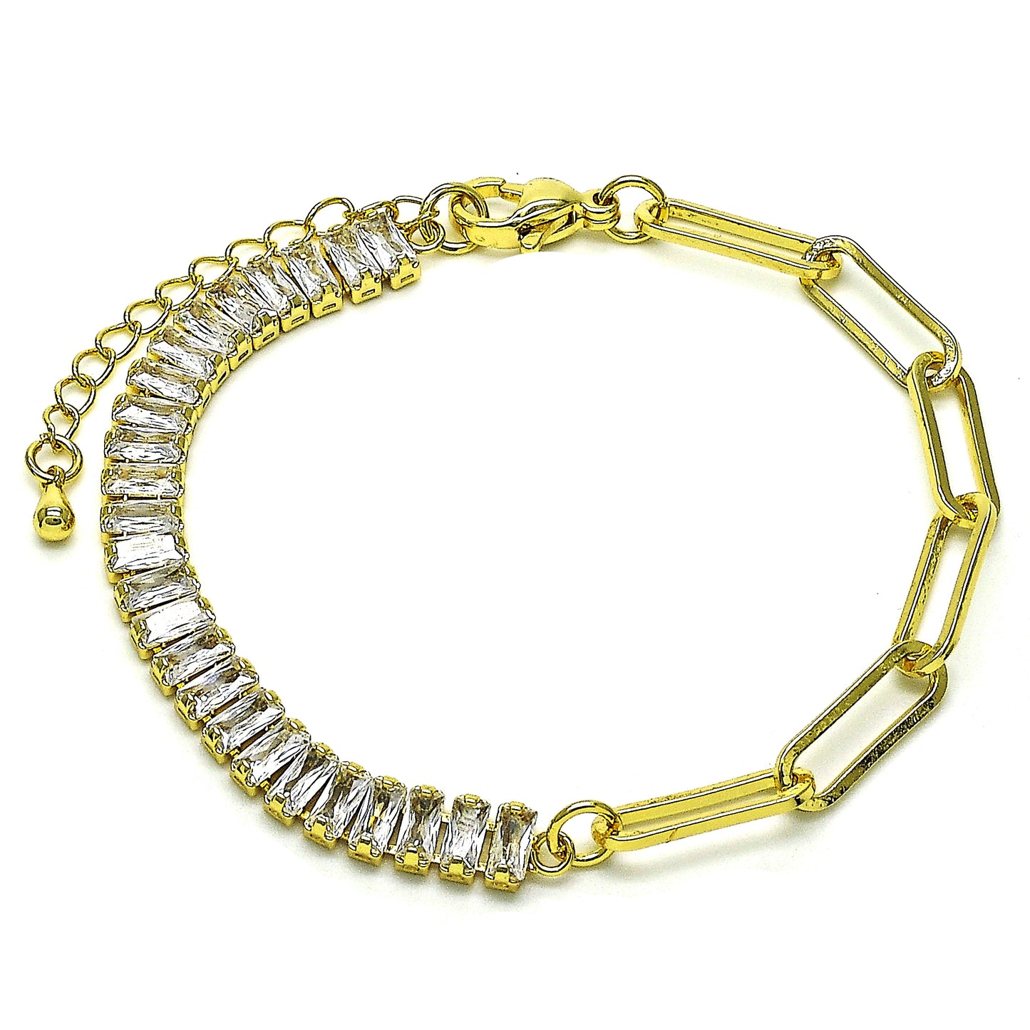 Oro Laminado Fancy Bracelet, Gold Filled Style Paperclip Design, with White Cubic Zirconia, Polished, Golden Finish