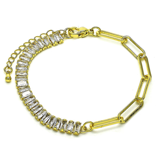 Oro Laminado Fancy Bracelet, Gold Filled Style Paperclip Design, with White Cubic Zirconia, Polished, Golden Finish