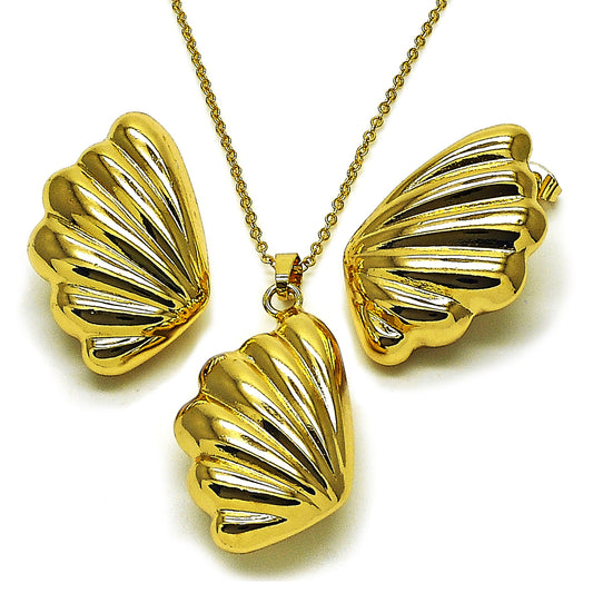 Oro Laminado Earring and Pendant Adult Set, Gold Filled Style Shell and Hollow Design, Polished, Golden Finish