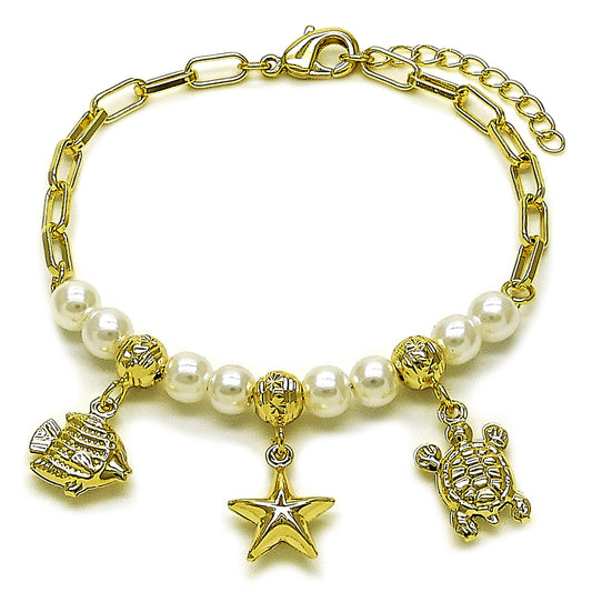Oro Laminado Charm Bracelet, Gold Filled Style Fish and Turtle Design, with Ivory Pearl, Polished, Golden Finish