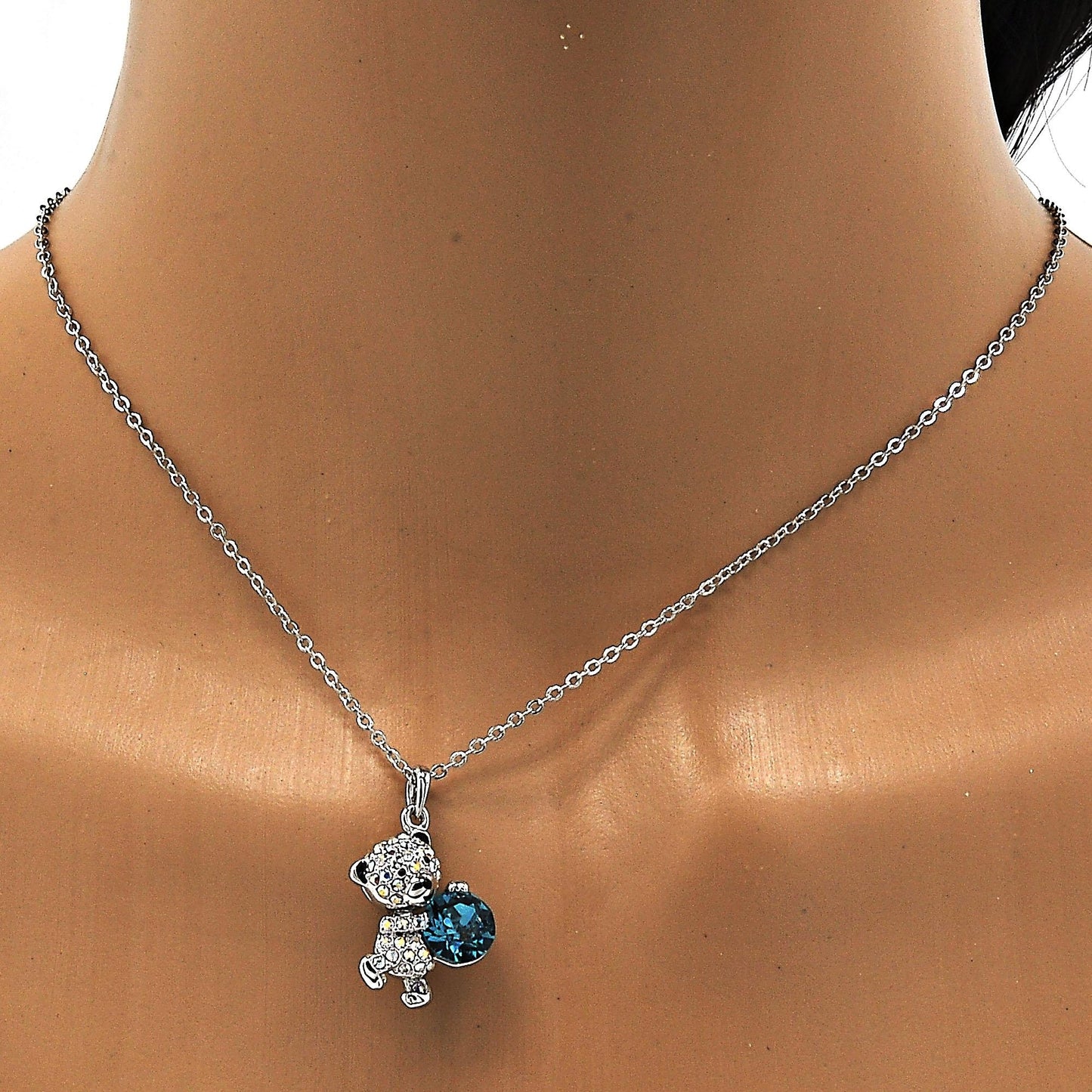 Rhodium Plated Pendant Necklace, Teddy Bear Design, with Blue Zircon and Aurore Boreale Swarovski Crystals, Black Enamel Finish