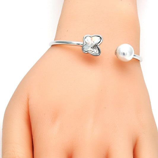 Rhodium Plated Individual Bangle, Butterfly Design, with Crystal Swarovski Crystals and Ivory Pearl, Polished, Rhodium Finish