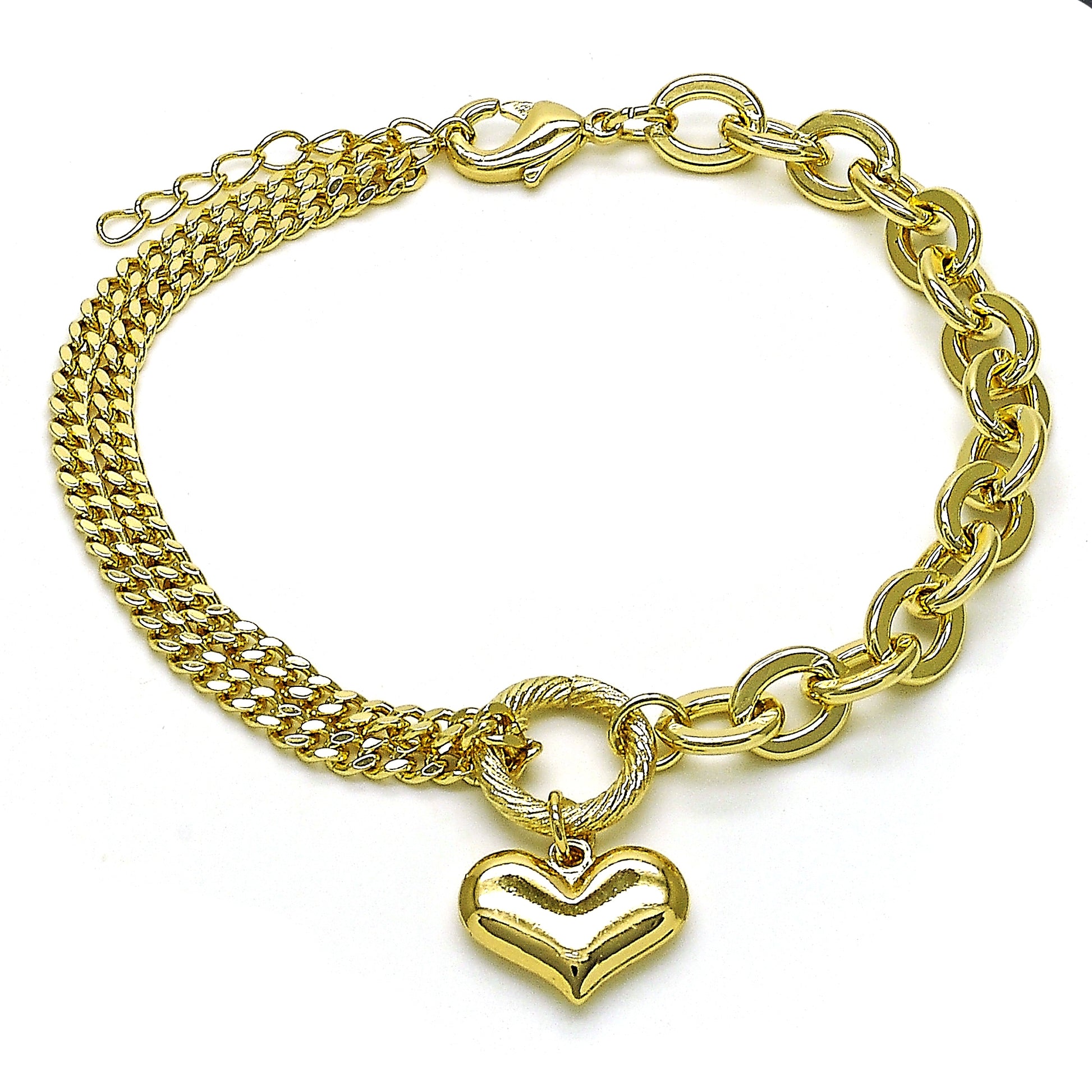 Oro Laminado Fancy Bracelet, Gold Filled Style Heart and Rolo Design, Polished, Golden Finish