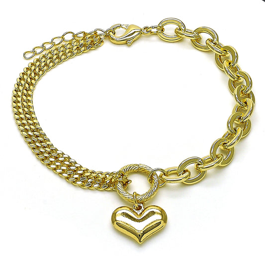 Oro Laminado Fancy Bracelet, Gold Filled Style Heart and Rolo Design, Polished, Golden Finish