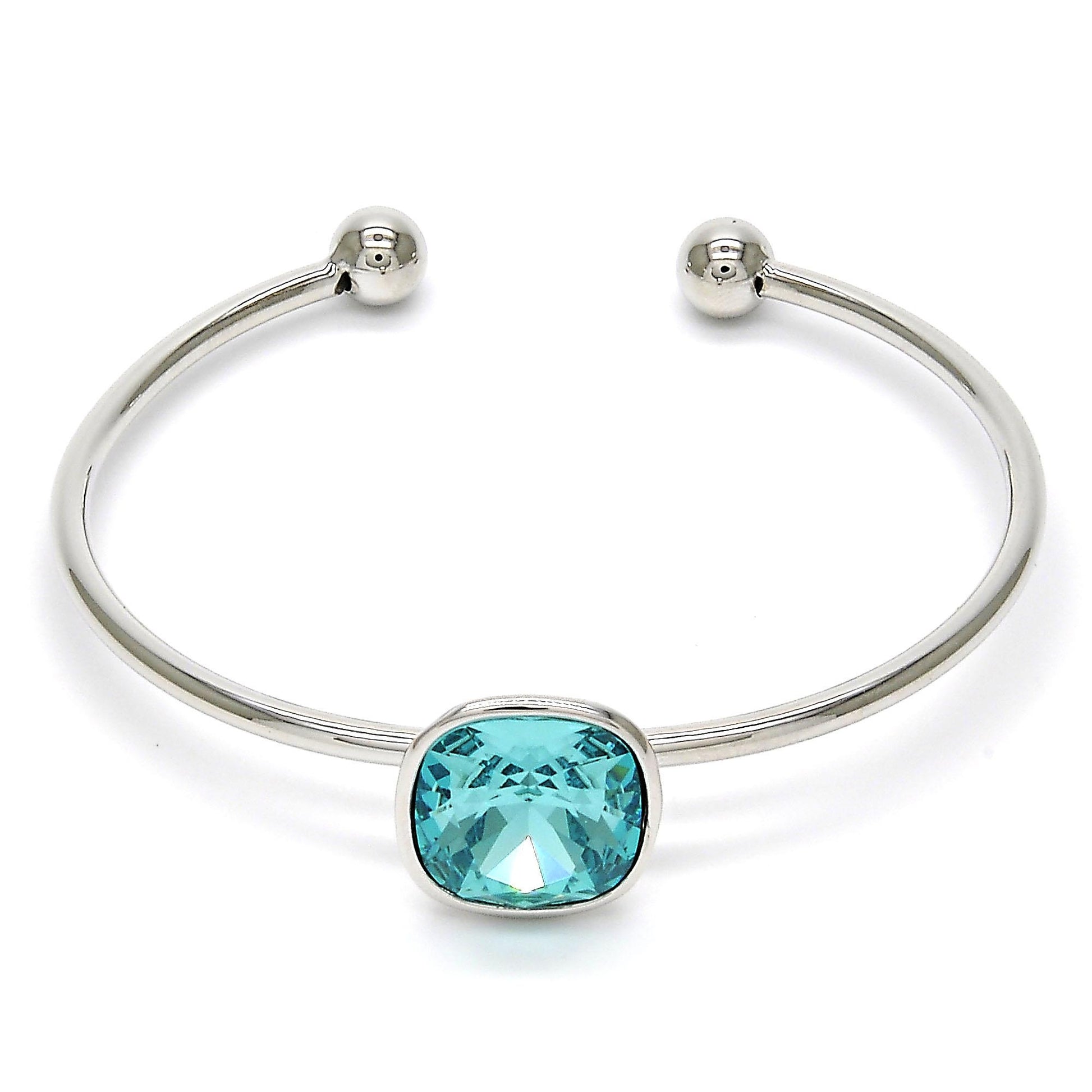 Rhodium Plated Individual Bangle, with Light Turquoise Swarovski Crystals, Polished, Rhodium Finish