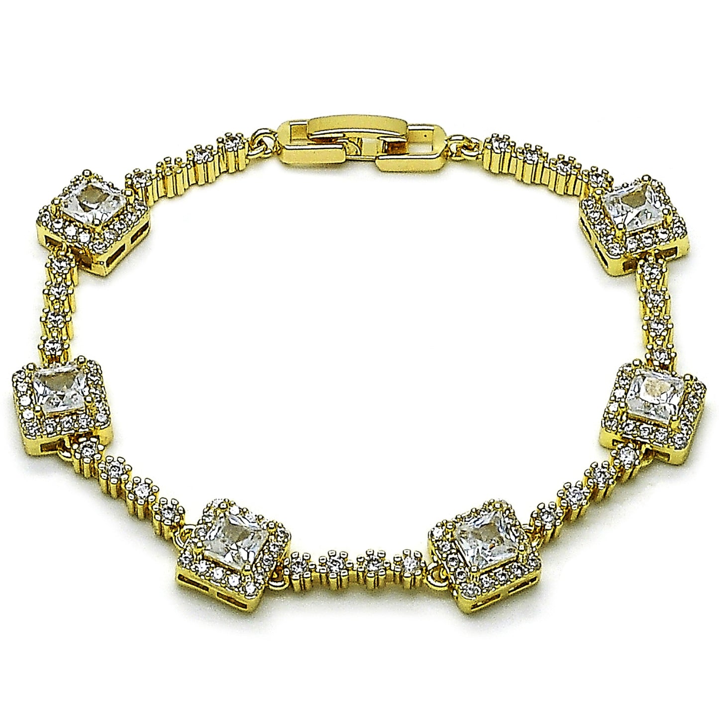 Oro Laminado Tennis Bracelet, Gold Filled Style Cluster Design, with White Cubic Zirconia, Polished, Golden Finish