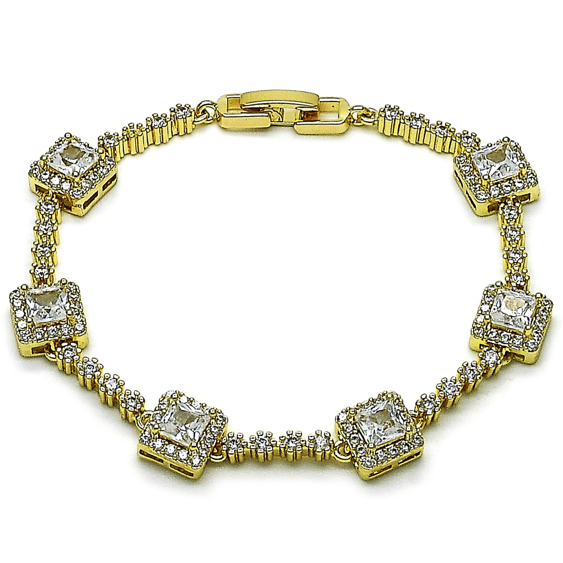 Oro Laminado Tennis Bracelet, Gold Filled Style Cluster Design, with White Cubic Zirconia, Polished, Golden Finish