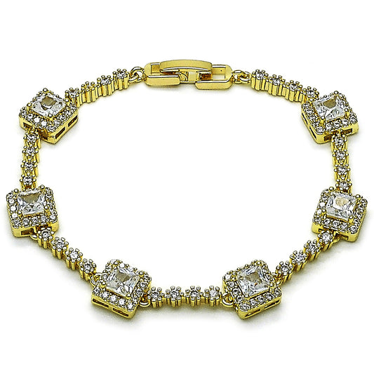 Oro Laminado Tennis Bracelet, Gold Filled Style Cluster Design, with White Cubic Zirconia, Polished, Golden Finish