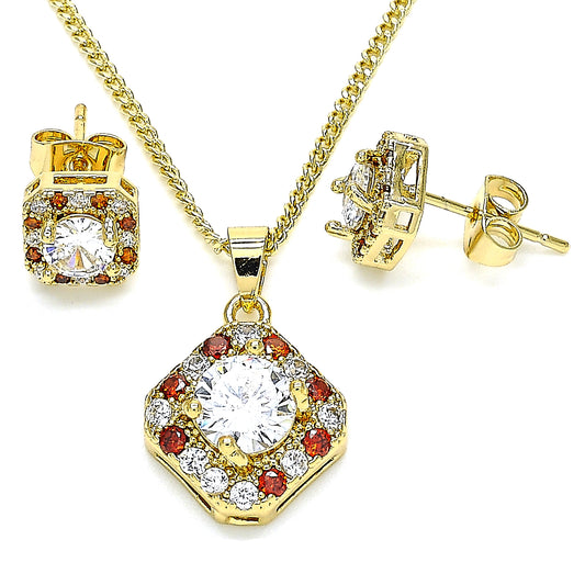 Oro Laminado Earring and Pendant Adult Set, Gold Filled Style with Garnet and White Micro Pave, Polished, Golden Finish