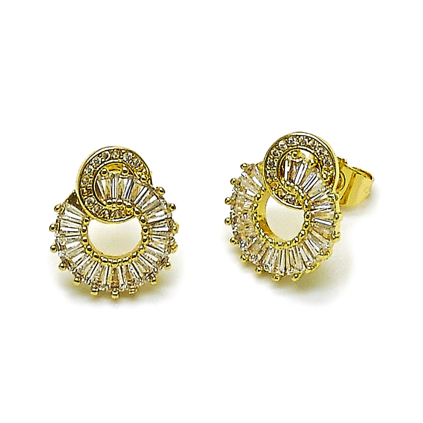 Gold Plated Gold Filled Oro Laminado Oro Laminado Stud Earring, Gold Filled Style Baguette Design, with White Cubic Zirconia and White Micro Pave, Polished, Golden 