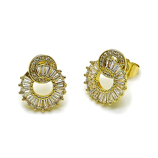 Gold Plated Gold Filled Oro Laminado Oro Laminado Stud Earring, Gold Filled Style Baguette Design, with White Cubic Zirconia and White Micro Pave, Polished, Golden 