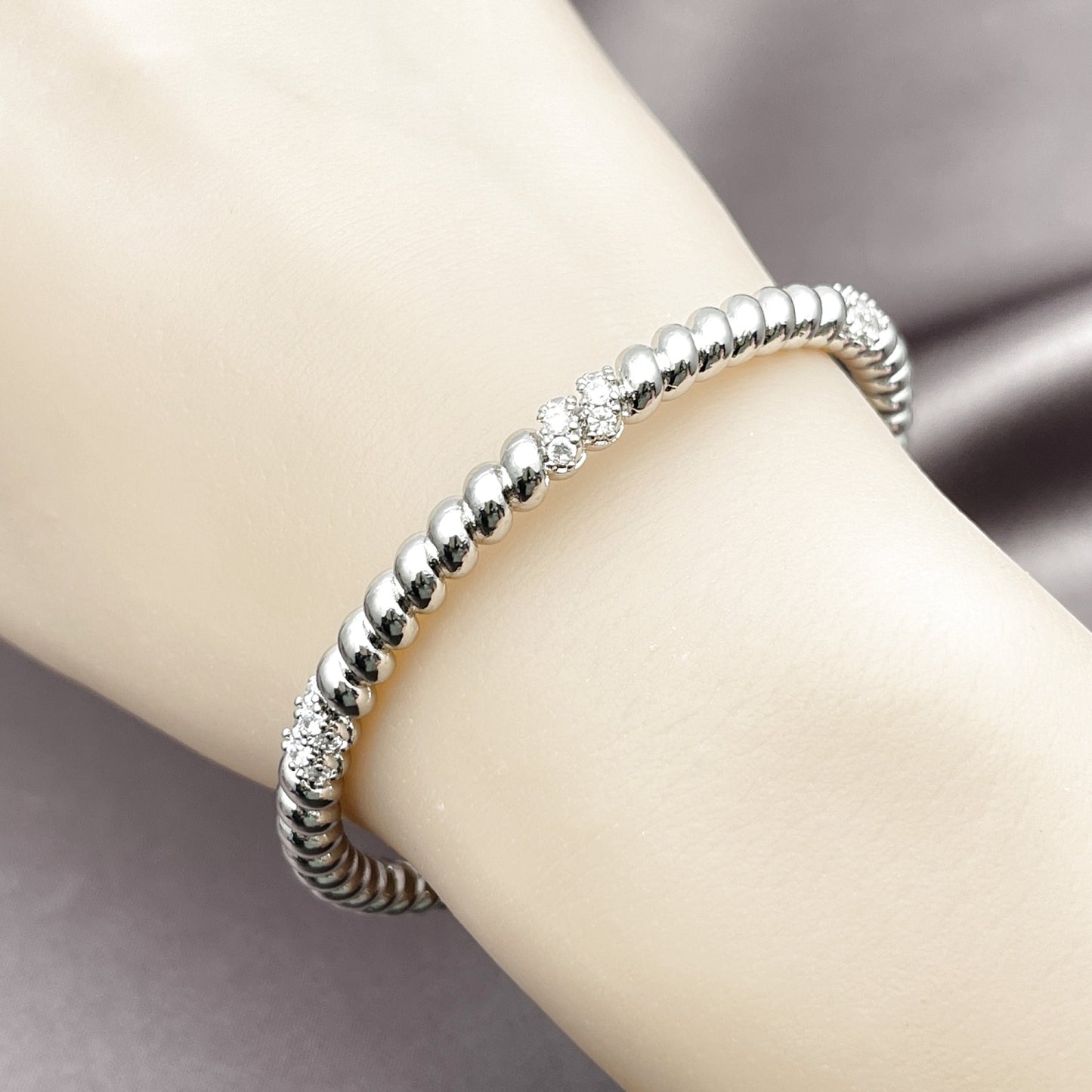 Rhodium Plated Individual Bangle, with White Cubic Zirconia, Polished, Rhodium Finish