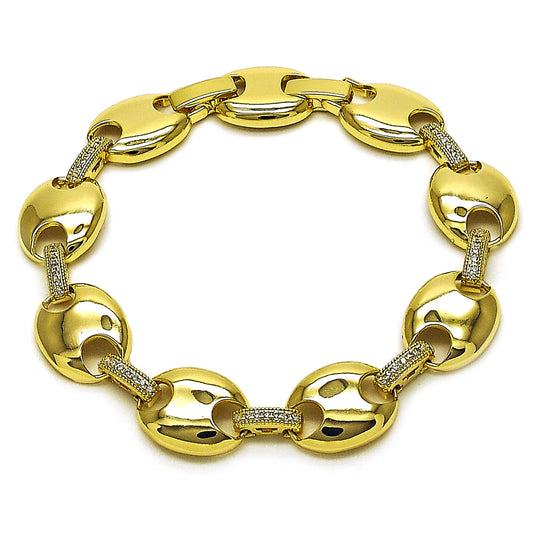 Oro Laminado Fancy Bracelet, Gold Filled Style Puff Mariner Design, with White Cubic Zirconia, Polished, Golden Finish