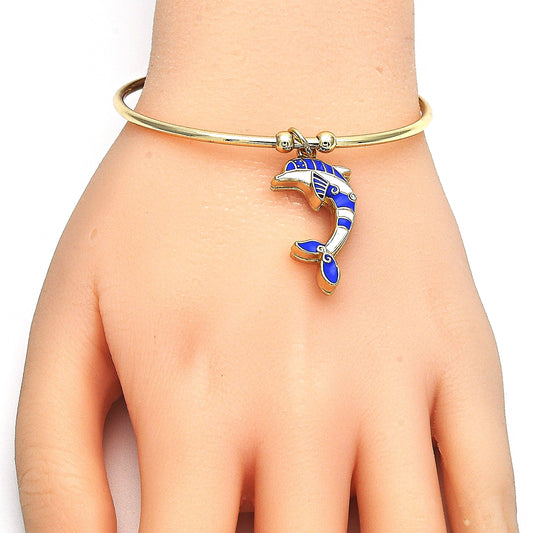 Oro Laminado Individual Bangle, Gold Filled Style Dolphin Design, with White Crystal, Blue Enamel