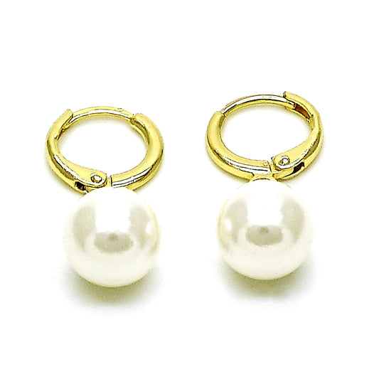 Oro Laminado Dangle Earring, Gold Filled Style Ball Design, with Ivory Mother of Pearl, Polished, Golden Finish